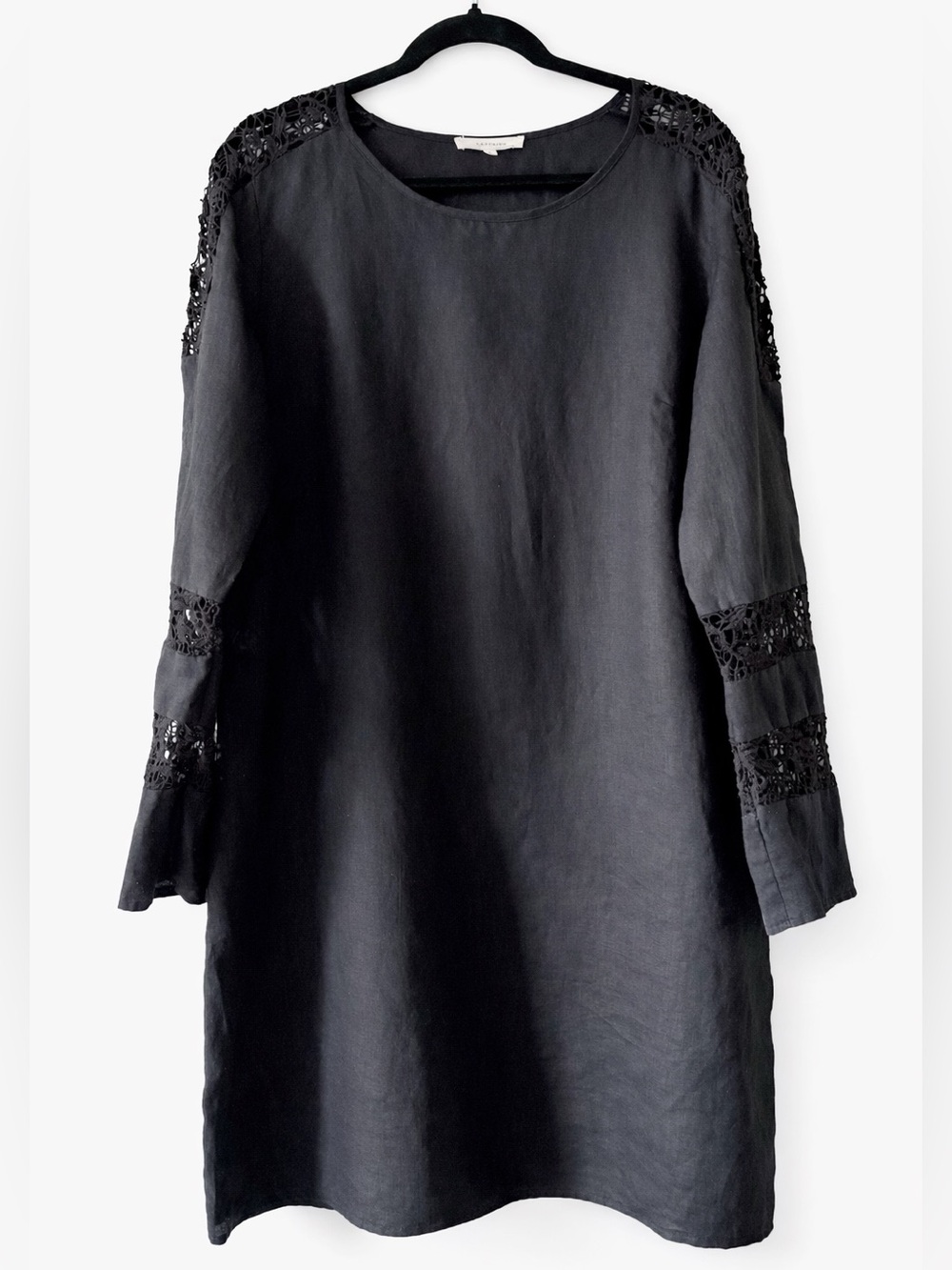 Laffaire Black Linen Crochet Long Sleeves Shift Dress Size Large